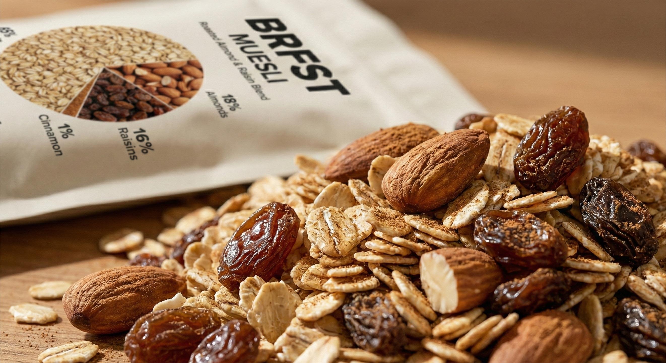 Close-up of BRFST muesli showing oats, almonds, and raisins